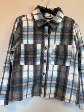 Women’s Plaid Shacket in Light Blue, Brown & Cream